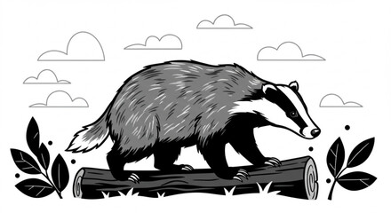 Black and white illustration of a badger walking on a log in nature