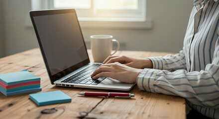 Professional woman working on laptop computer at wooden desk with coffee mug and colorful sticky notes
