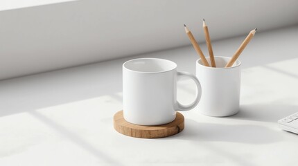 Mug mockup with workspace accessories on a white table