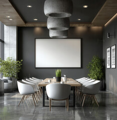 Modern conference room featuring a blank screen mockup and elegant seating arrangement for productive meetings