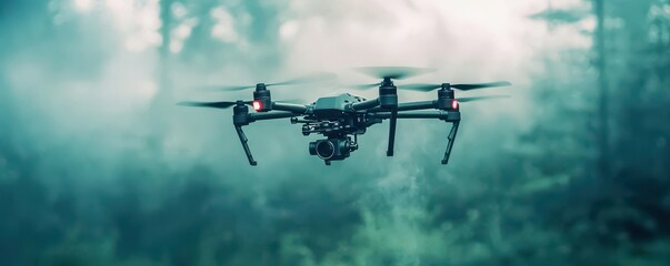 A drone hovers in a misty forest, showcasing advanced technology amidst a serene natural backdrop.