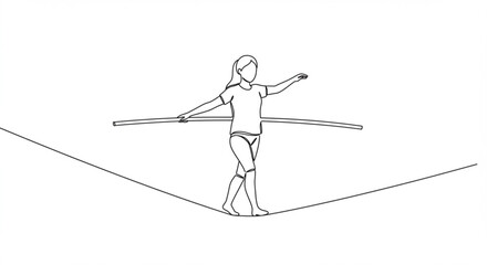 Young girl balancing on a tightrope with a pole, isolated on white background