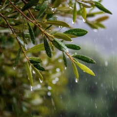 Olive leaves glistening with rain