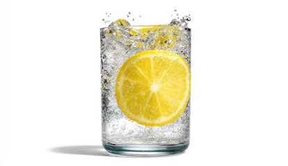 Refreshing lemon water in a glass, with splashes and bubbles