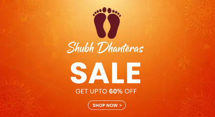 Shubh dhanteras sale advertisement with footprints on an orange gradient background