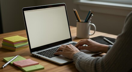 Professional woman typing on laptop at contemporary home office wooden desk with organized sticky notes pencils and coffee workspace