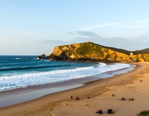 Coastal beach scene at golden hour