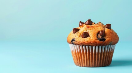 A chocolate chip muffin on a light blue colored background