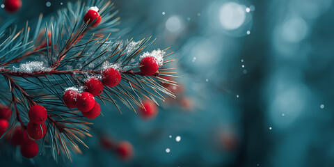 Close-up of Pine Needles and Red Berries, Matte Teal Textured Background for Christmas Banner 