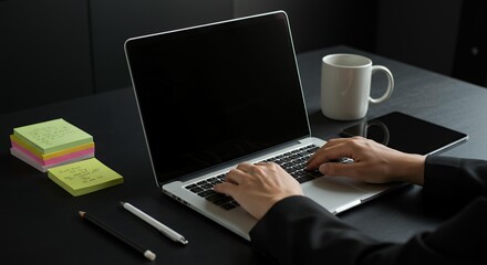 Businessperson typing on laptop computer at dark modern office workspace with colorful sticky notes coffee mug and digital tablet