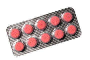 Red Round Pills in Blister Pack on White Background