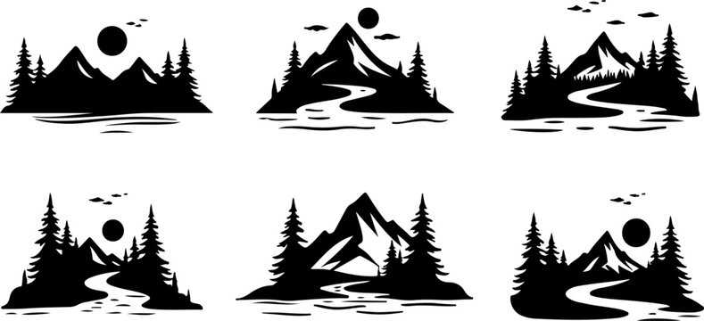  Mountain Tree Landscape Silhouettes vector bundle