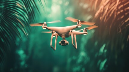 A drone hovers amidst lush green foliage, showcasing advanced technology in a natural setting, capturing stunning aerial perspectives.