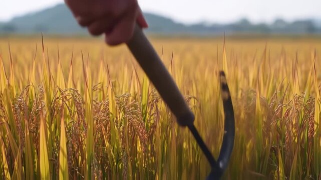 Harvesting rice crops in rural field with traditional sickle farming activity, golden rice fields