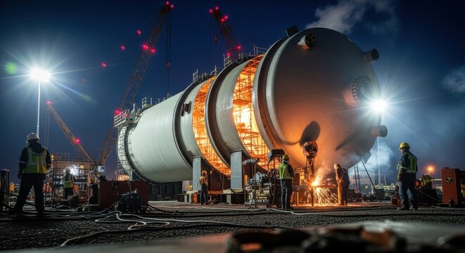 Nighttime industrial scene with illuminated LNG tank segments and workers operating under bright floodlights in the fabrication yard.