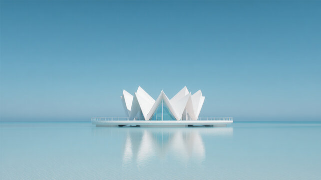 Innovative architectural wonder rises above serene waters with a minimalist design in a futuristic landscape