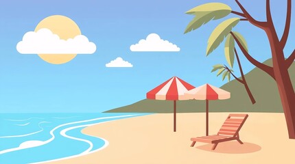 colorful beach scene with umbrella and sea representing vacation, relaxation, and summer vibes