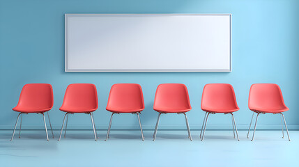 Red chairs in waiting room facing blank whiteboard