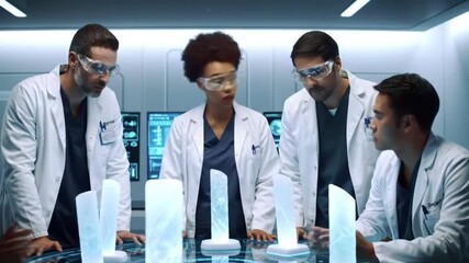 A diverse group of scientists, wearing lab coats, collaborates intently in a modern laboratory setting, examining data and conducting experiments with focused concentration. - Powered by Adobe