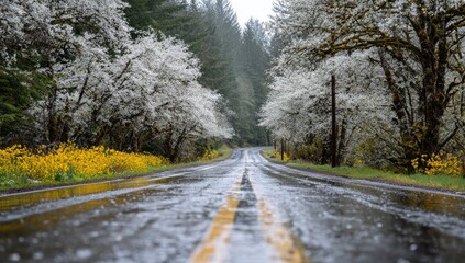 Obraz premium Wet road lined with white blossoms