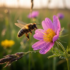 Honeybee in Flight Approaching Pink Wildflower in Spring Meadow