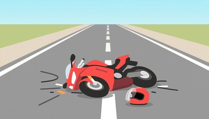 Motorcycle accident on empty road with helmet and debris nearby  