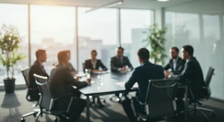 Fototapeta premium Professional business team collaborating around conference table in bright modern office with floor-to-ceiling glass windows