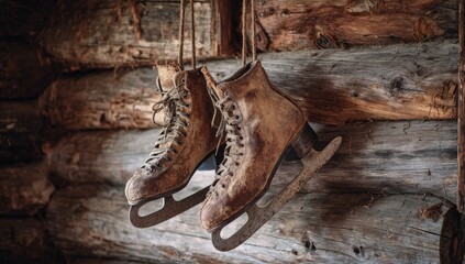 Vintage ice skates hanging on log wall (1)