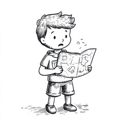 confused child holding map, hand drawn line art illustration. child appears puzzled, standing with map in hand, wearing casual clothes and sneakers