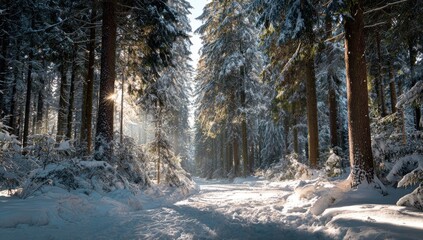 Sunlit snow-covered forest path