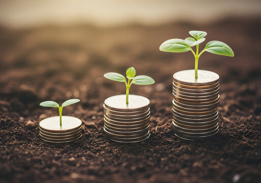 Three stacks of coins with small green sprouts growing out of them, arranged in ascending order on soil.