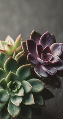 Close-up of three succulents with overlapping rosette-like shapes; various shades of green and purple