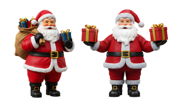 Two charming Santa Claus figurines isolated on a transparent background, one holding a sack of toys and the other offering festive gift boxes for Christmas.