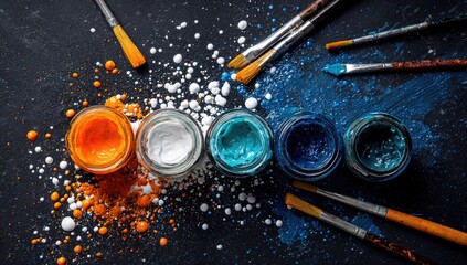 Paint jars and brushes on dark surface, with splashes of paint