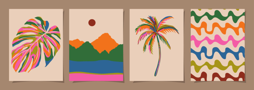 Abstract tropical beach wall art template. Poster design with palm tree, leaf, sun, sand beach in minimal style. Summer painting for wall decoration, interior, background, cover, and banner.