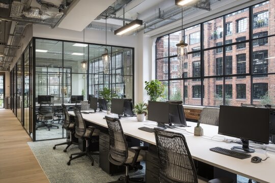 Modern open-plan office space with industrial design elements.  Large windows,  glass partitions,  and exposed ceiling pipes.  Workstations,  computers, and comfortable chairs
