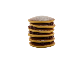 An elegant still life of a delicious stack of dorayaki, a traditional Japanese confection filled with sweet red bean paste and isolated on a white background