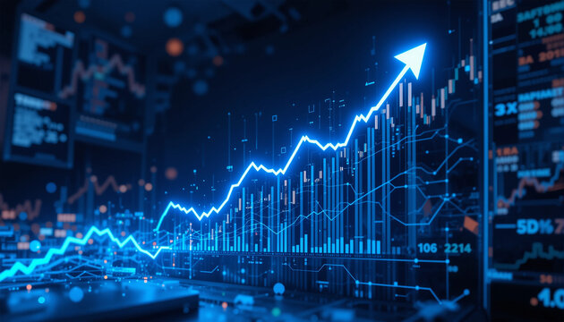 glowing financial stock market chart with a rising arrow for business success, data analysis, and investment concepts - Powered by Adobe