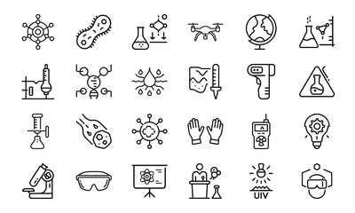 Set of 24 Science and Laboratory Line Icons Chemistry, Biology, Physics, Research, Safety, and Technology Symbols in Minimal Outline Style