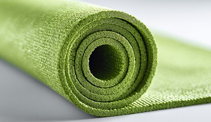 Rolled-up light green exercise mat.  Close-up view