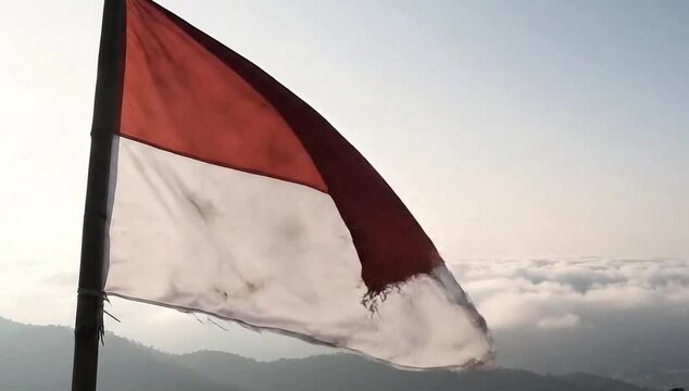 Indonesian flag waving on a bamboo pole at the peak of a mountain