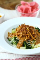 Mie pecel medan. Noodle with peanut sauce and boiled vegetables originated from North Sumatera, Indonesia.
