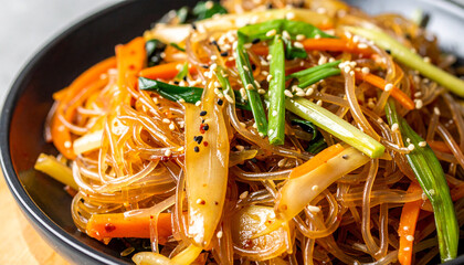 Korean Japchae, stir-fried glass noodles with vegetables. Tasty dish. Delicious food. Culinary
