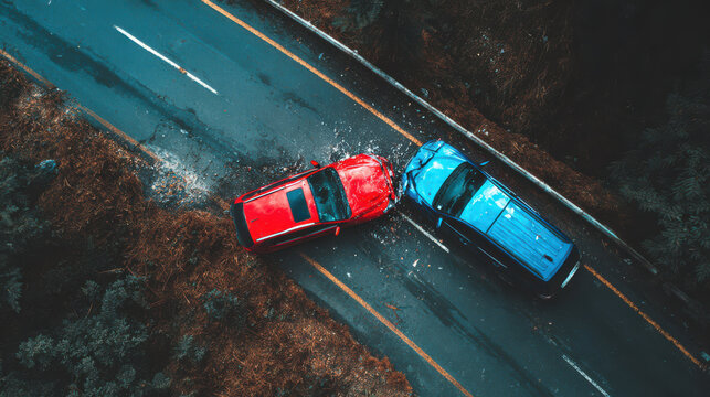 Overhead view of a head on road traffic car crash