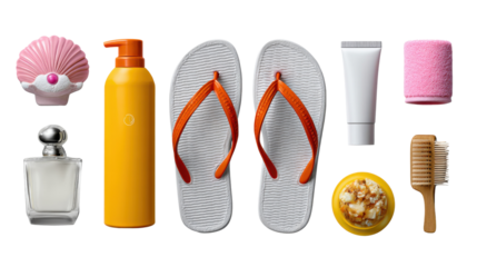 Summer Essentials: A vibrant arrangement of sun-kissed summer must-haves, including sunblock, flip-flops, and other radiant items, embodying the essence of beach bliss.