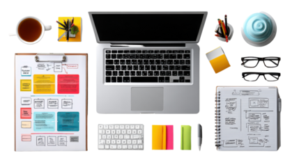 Workspace for Ideation: A top-down view of a modern workspace, filled with essential tools such as a laptop, and notepad, illustrating creative collaboration and the essence of planning. 