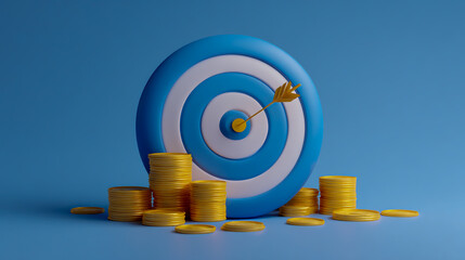 Abstract blue target with a stack of coins and a growth arrow on a white background, a concept for business success or promotion determination