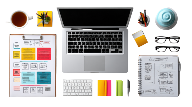 Workspace for Ideation: A top-down view of a modern workspace, filled with essential tools such as a laptop, and notepad, illustrating creative collaboration and the essence of planning.