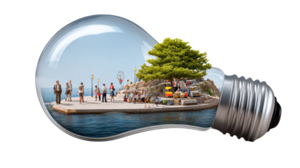 Eco-Island: The light bulb reveals a miniature island with vibrant community and green nature, an image for ecological and sustainable living.