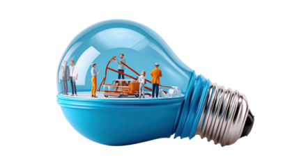 Illuminating Ingenuity: A miniature construction team meticulously builds within a vibrant light bulb, symbolizing creative innovation and the power of idea generation. 